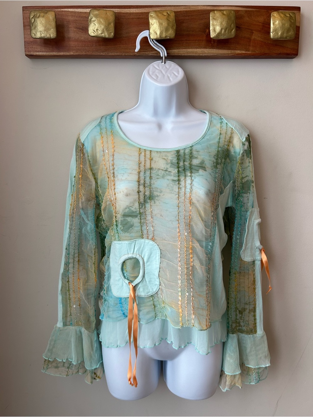 🧜♀️ Sheer Y2K Fairycore Mermaidcore Ruched Tie Dye Boho Art Top Artsy Lagenlook